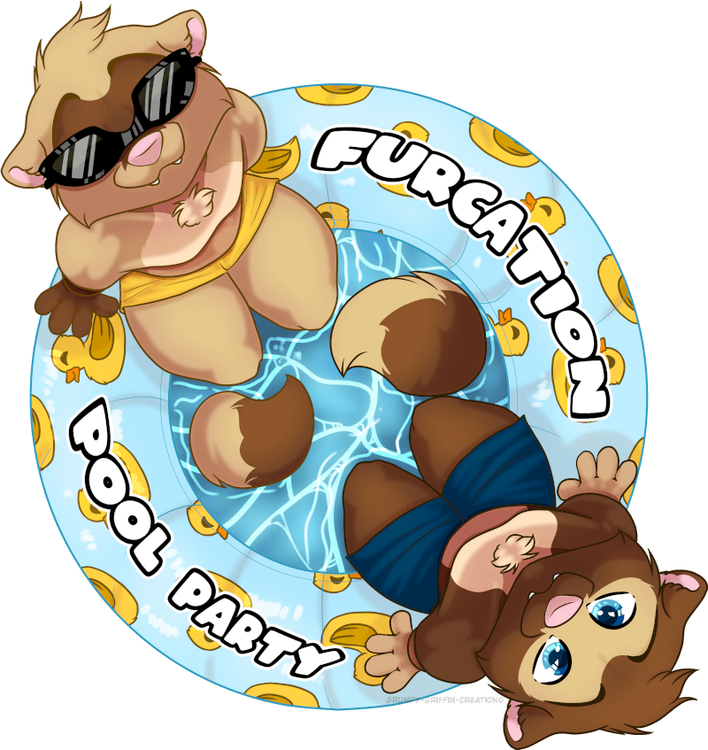 Furcation 2021 logo depicting ferret mascots Frankie & Clive sitting on an inflatable ring in a pool of water.